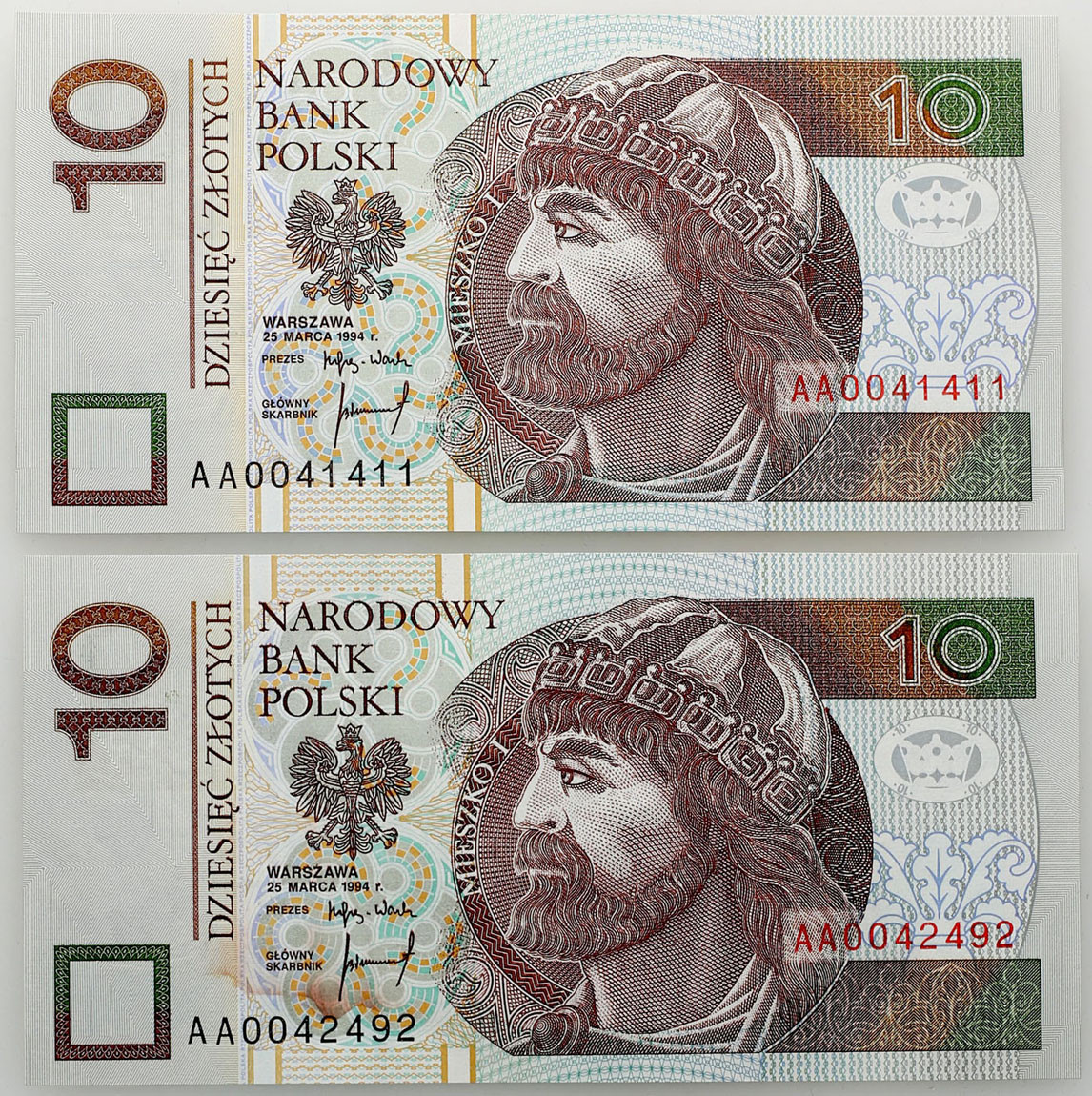 10 złotych 1994 seria AA, zestaw 2 banknotów